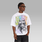 Person wearing a premium white t-shirt with  the words 'Junk Lab' on front and a colorful graphic design on a gray background