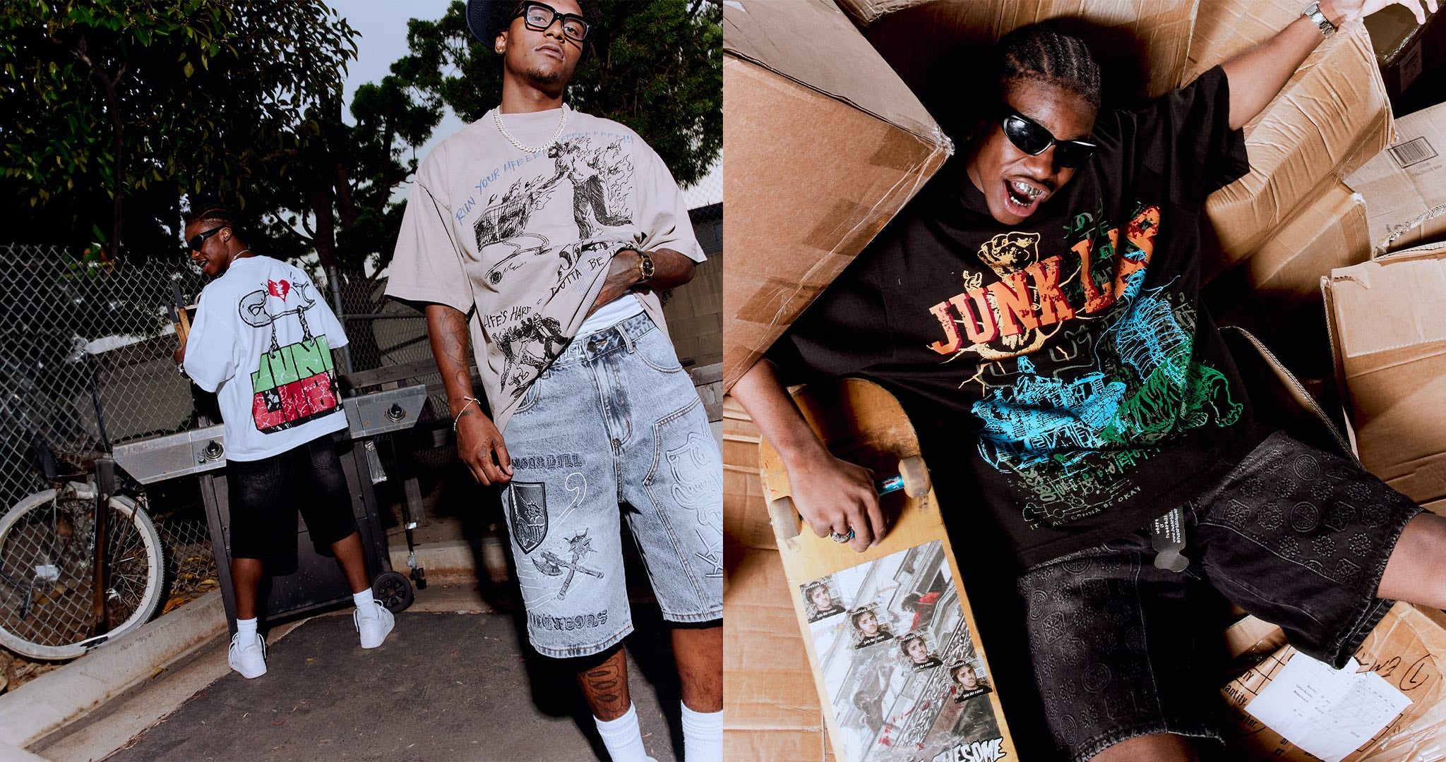 Three individuals wearing Junk Lab Clothing  graphic t-shirts outside 